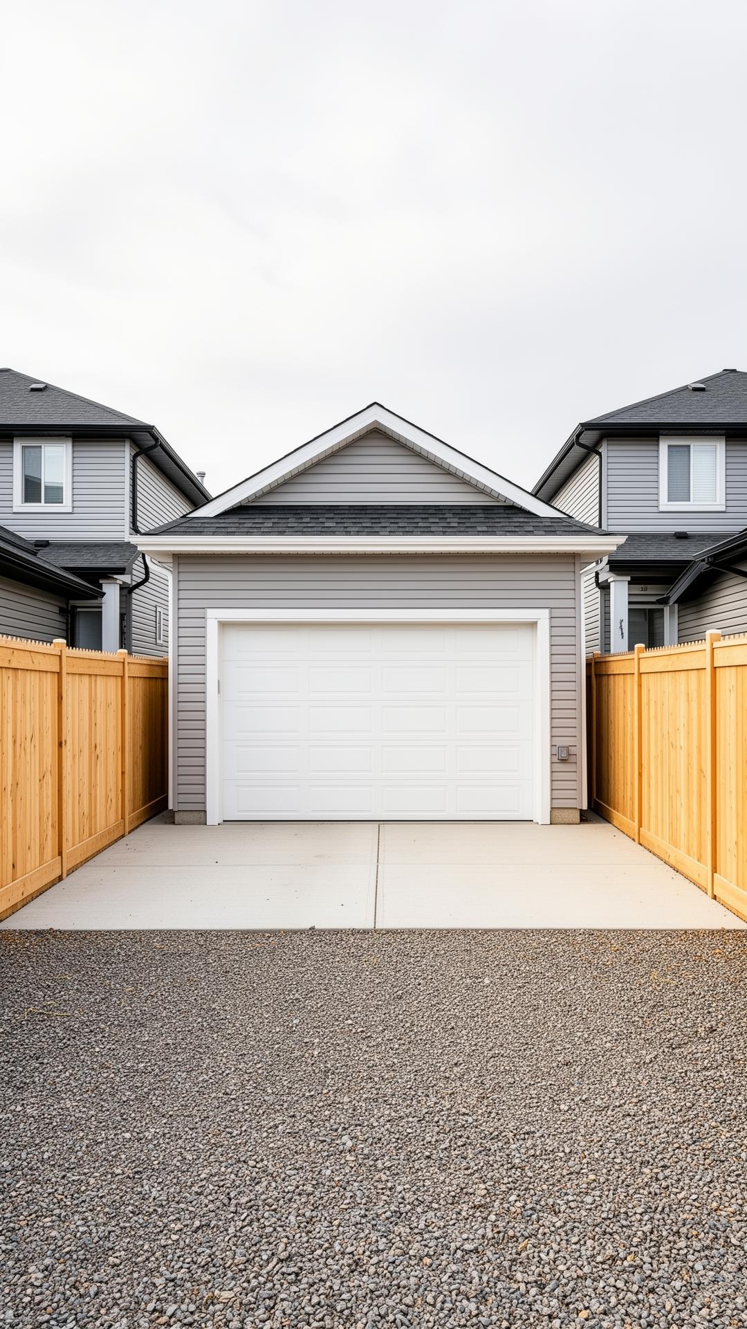 Freshly finished detached Calgary back-alley garage with grey siding and white overhead door